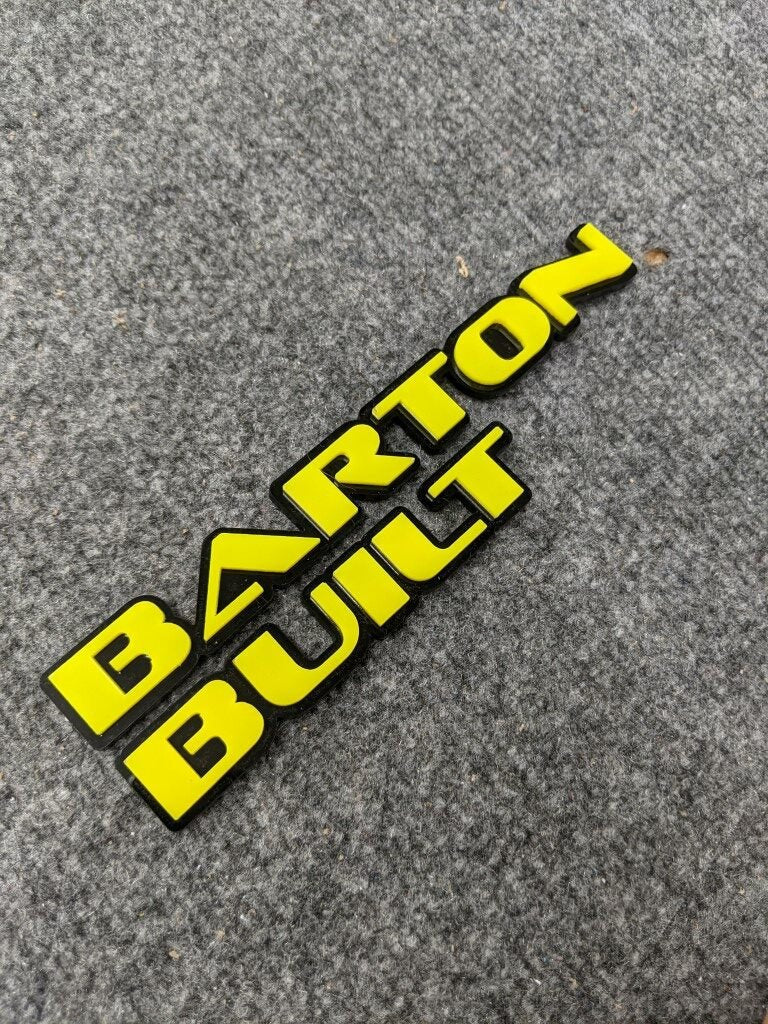 Barton Built Car Badge - Yellow On Gloss Black - OEM Font - Atomic Car Concepts
