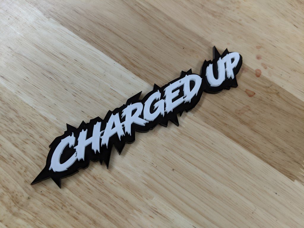 Charged Up Car Badge - White On Gloss Black - Lightning Font - Atomic Car Concepts