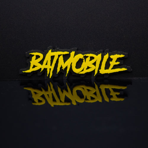 Custom double layer Batmobile text badge in our Aggressive Font.
