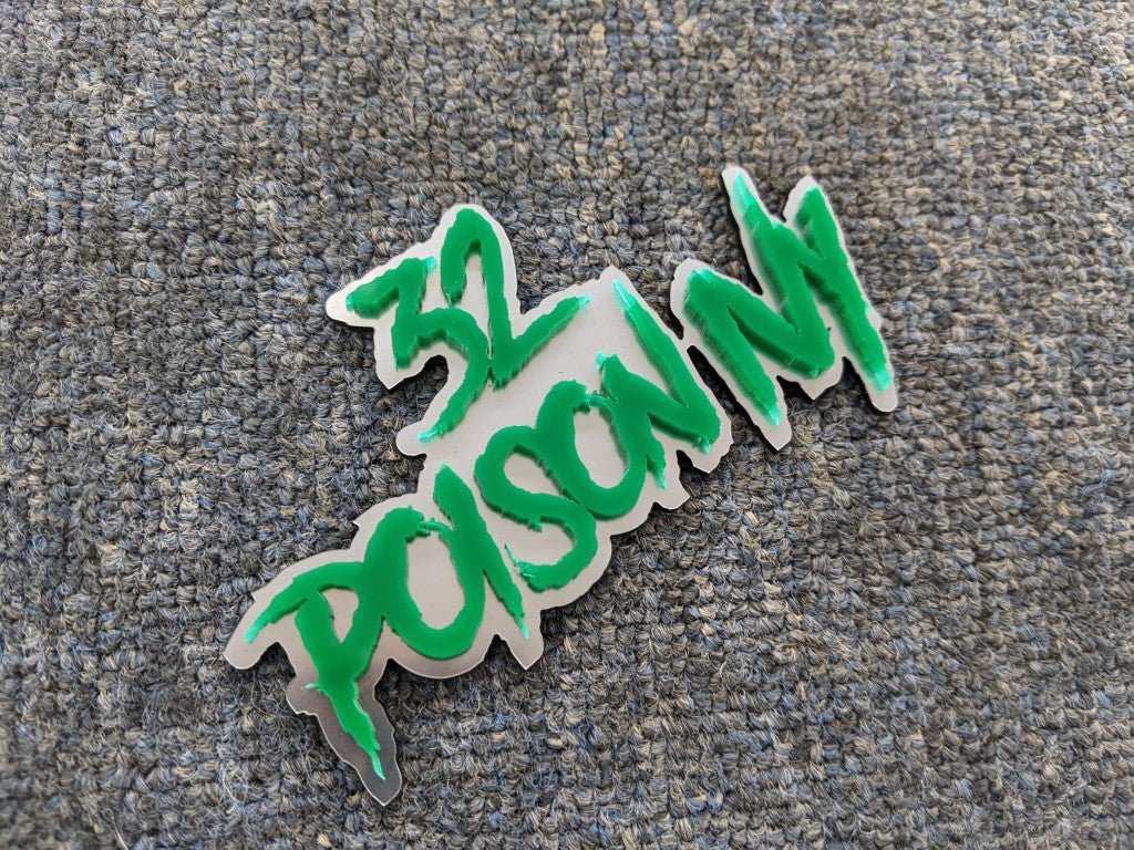 32 Poison Ivy Car Badge - Green On Brushed Silver - Aggressive Font - Atomic Car Concepts