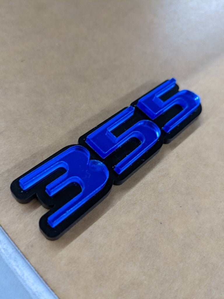 355 Car Badge - Mirror Blue on Gloss Black - OEM Font - Atomic Car Concepts