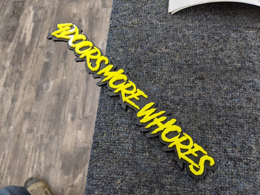 4DoorsMore Whores Car Badge - Yellow On Matte Black - Aggressive Font - Atomic Car Concepts