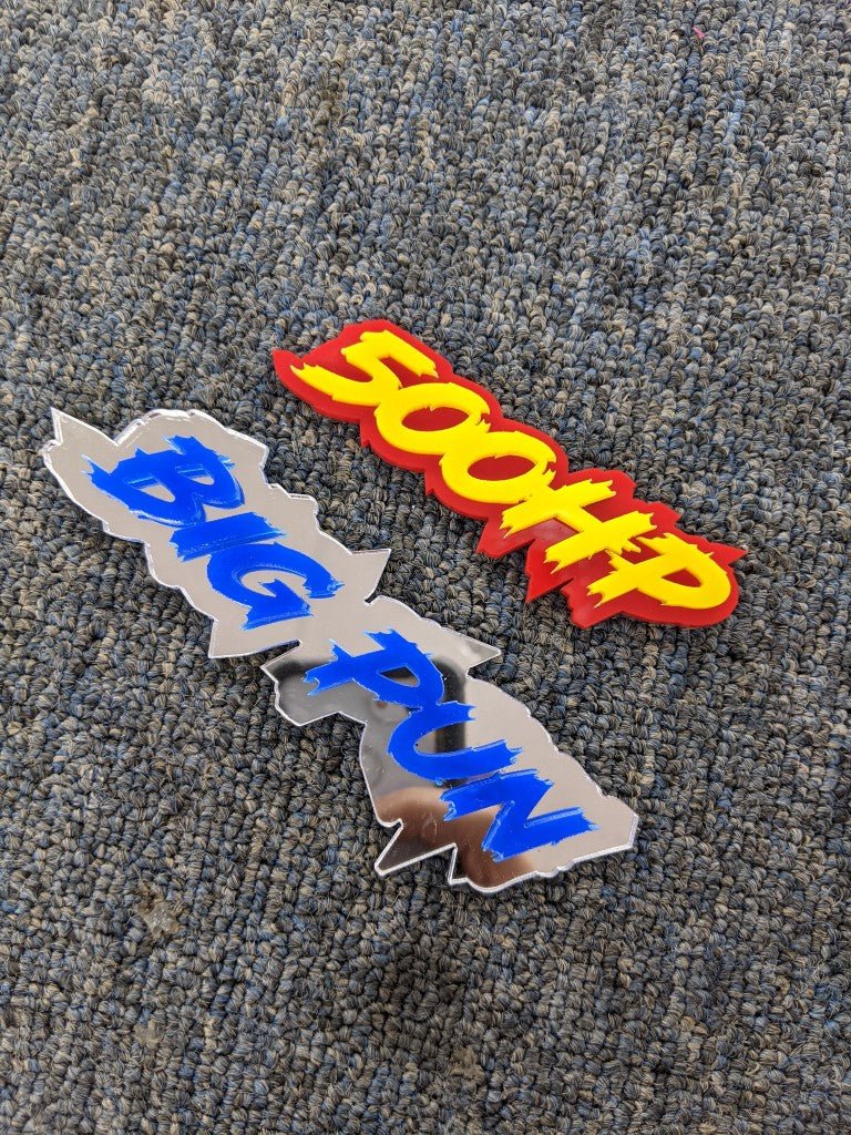 500HP / Big Pun Car Badge - Yellow On Red / Blue On Mirror Silver - Lightning Font - Atomic Car Concepts