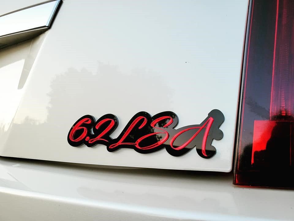 6.2 LSA Car Badge - Mirror Red On Gloss Black - Script Font - Atomic Car Concepts