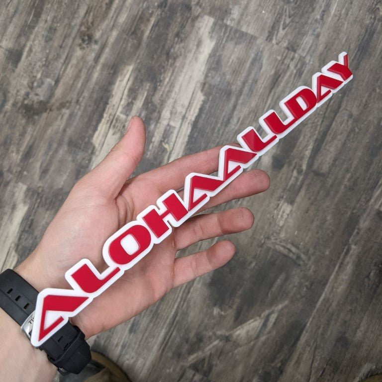 Aloha All Day Car Badge - Red On White - OEM Font - Atomic Car Concepts