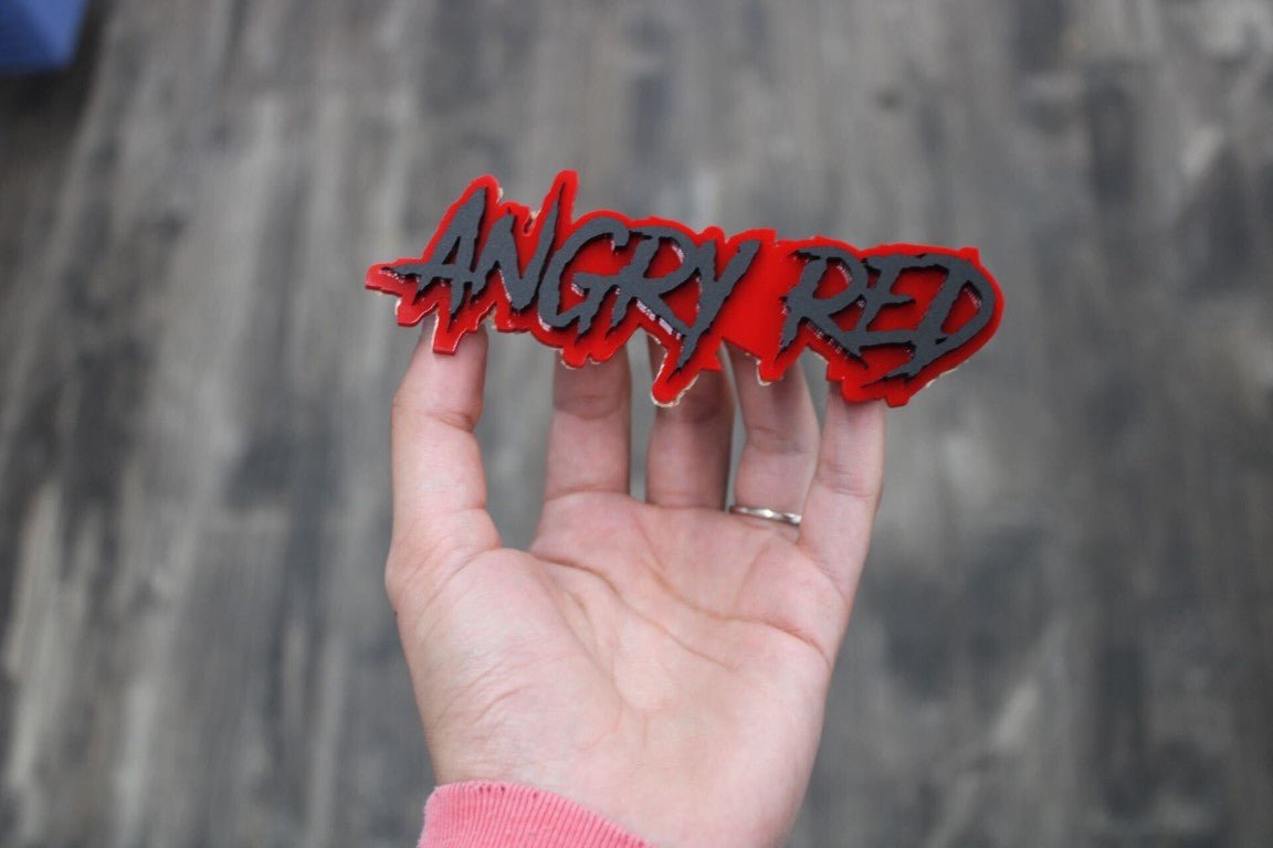 Angry Red Car Badge - Matte Black On Mirror Red - Aggressive Font - Atomic Car Concepts