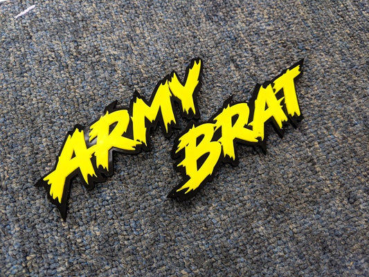 Army Brat Car Badge - Yellow On Gloss Black - Lightning Font - Atomic Car Concepts