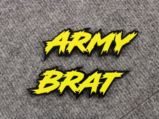 Army Brat Car Badge - Yellow on Gloss Black - Lightning Font 3M-Tape - Atomic Car Concepts