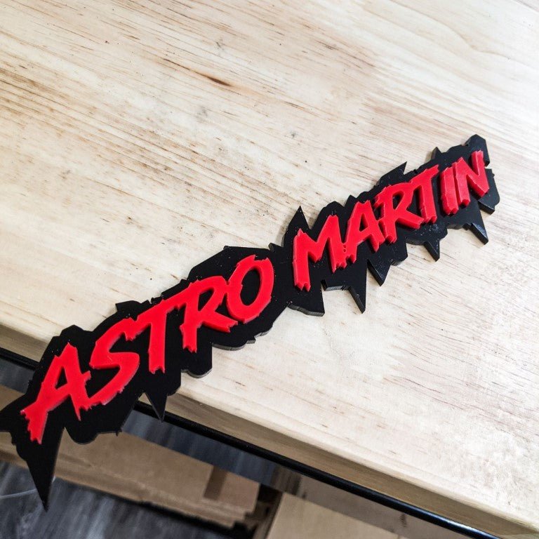 Astro Martin Car Badge - Red On Gloss Black - Lightning Font - Atomic Car Concepts