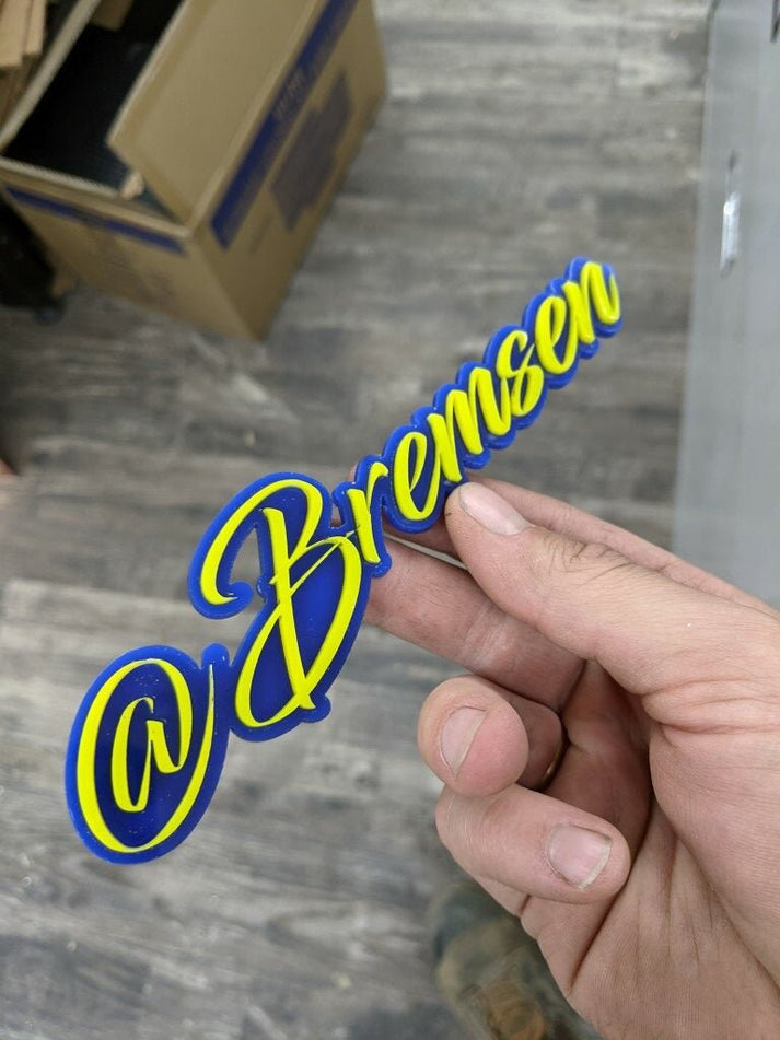 @Bremsen Car Badge - Yellow On Blue - Script Font – Atomic Car Concepts