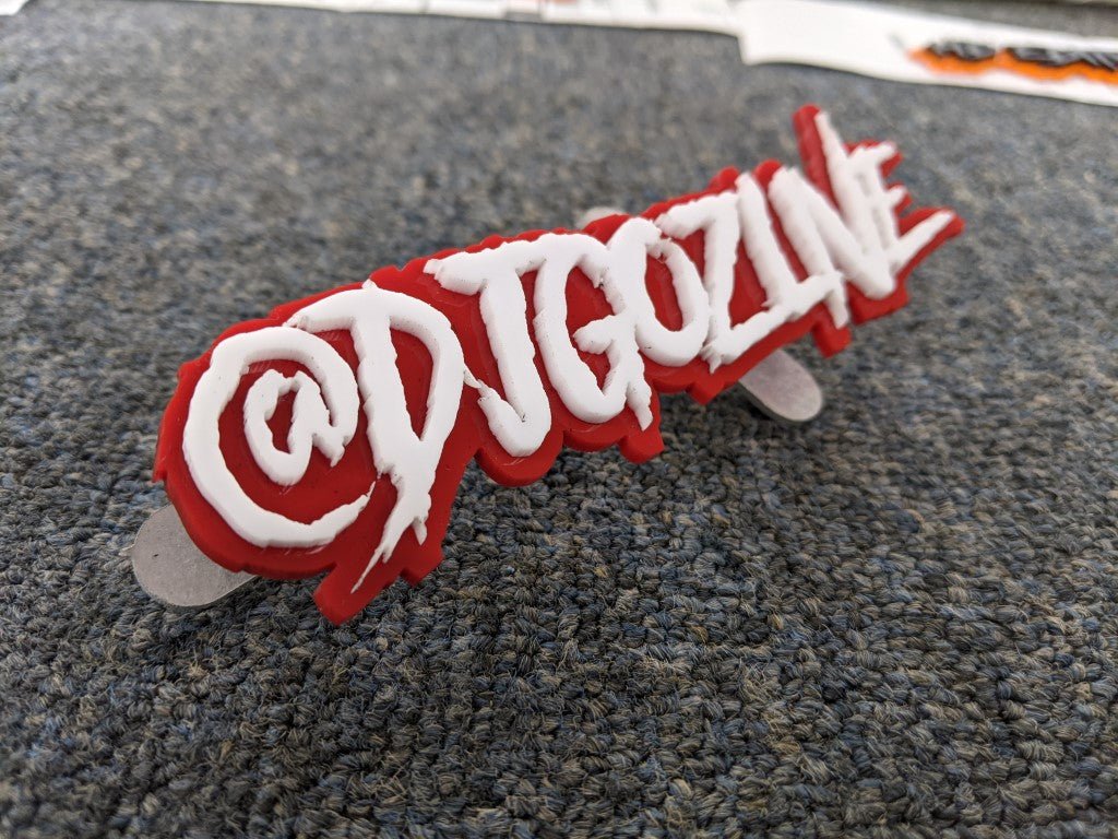 @DJGozline Car Badge - White on Red - Aggressive Font - Atomic Car Concepts