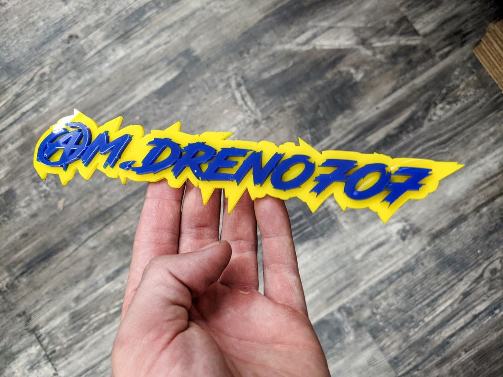 @M.Dreno707 Car Badge - Blue on Yellow - Lightning Font- Tape Mounting - Atomic Car Concepts