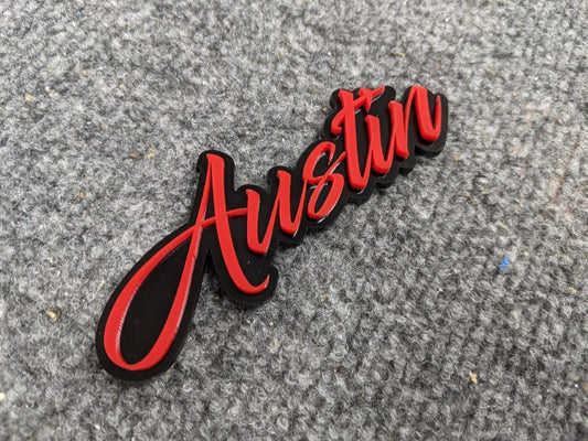 Austin Car Badge - Red on Gloss Black - Script Font - Atomic Car Concepts