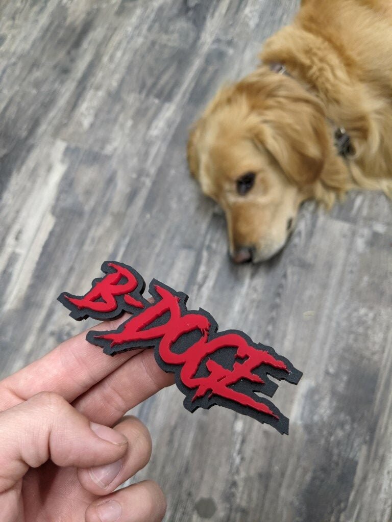 B-Doge Car Badge - Red on Matte Black - Aggressive Font - Atomic Car Concepts