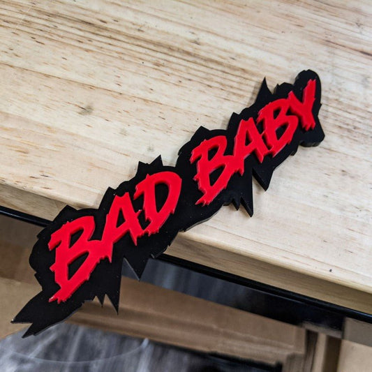 Bad Baby Car Badge - Red On Gloss Black - Lightning Font - Atomic Car Concepts