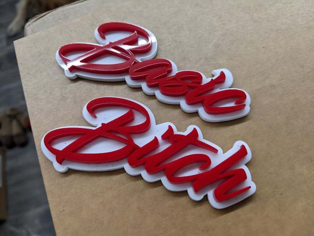 Basic Bitch Car Badge - Red On White - Script Font - Atomic Car Concepts