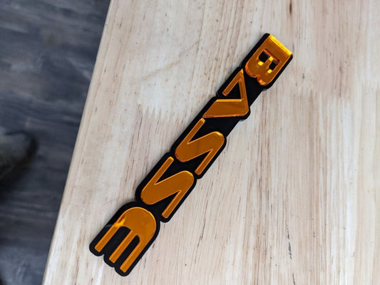 Basse Car Badge - Mirror Orange On Gloss Black - OEM Font - Atomic Car Concepts