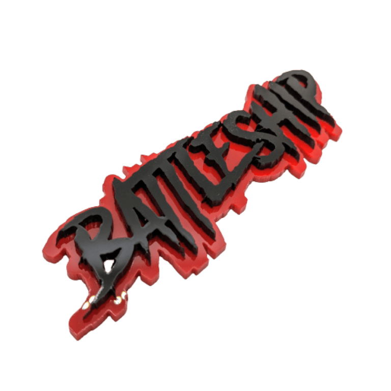 Battleship Car Badge - Gloss Black On Red - Aggressive Font - Atomic Car Concepts