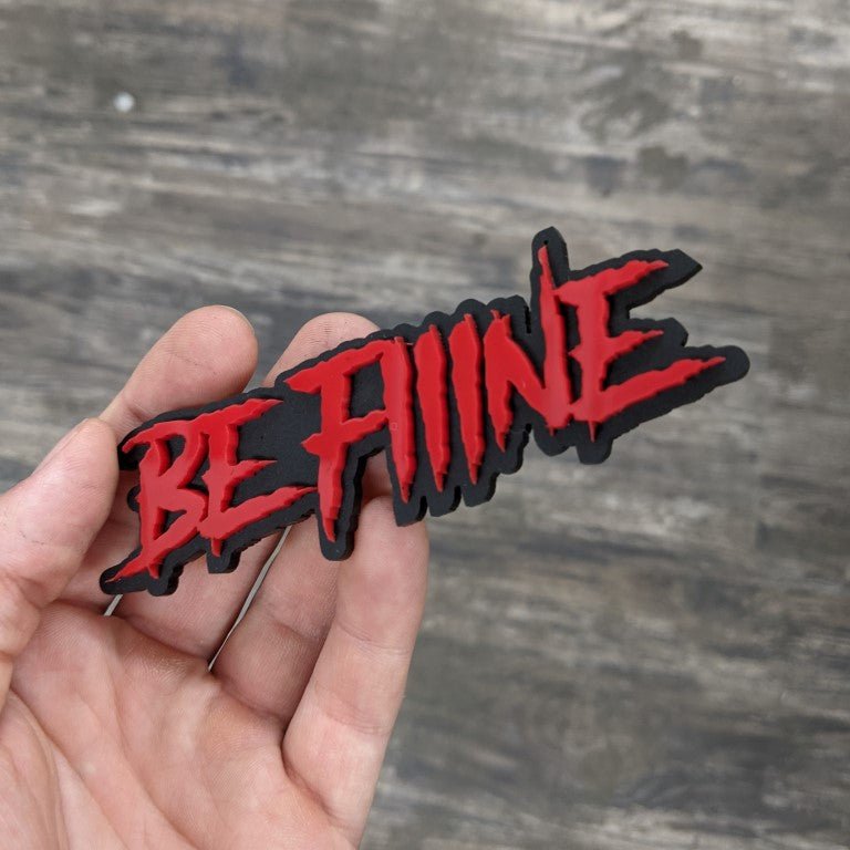 Be Fiiine Car Badge - Red On Gloss Black - Aggressive Font - Atomic Car Concepts