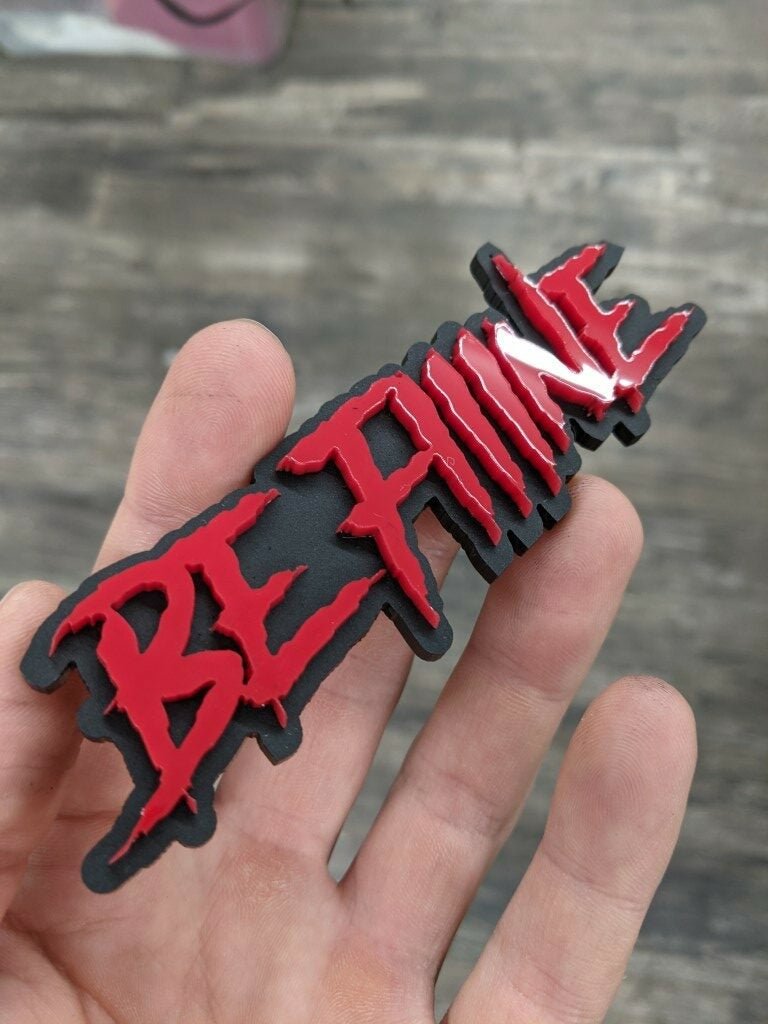 Be Fiiine Car Badge - Red On Matte Black - Aggressive Font - Atomic Car Concepts