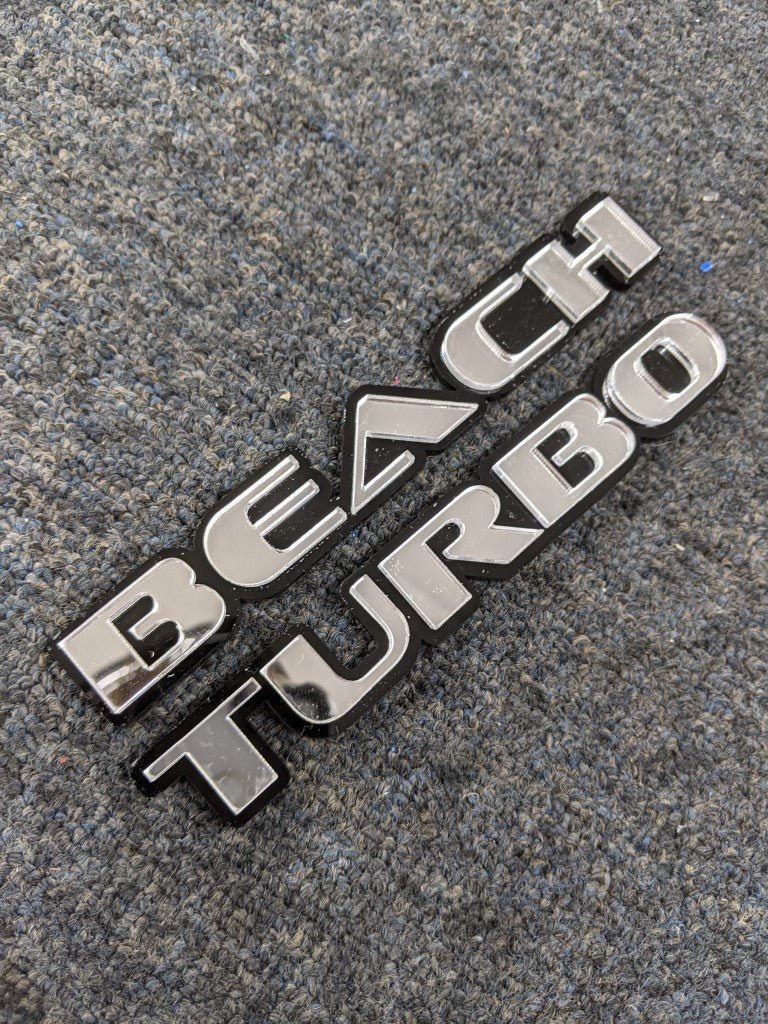 Beach Turbo Car Badge - Mirror Silver On Gloss Black - OEM Font - Atomic Car Concepts