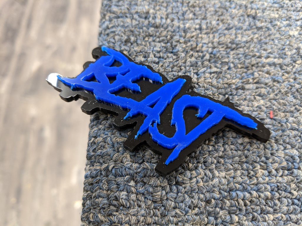 Beast Car Badge - Blue On Gloss Black - Aggressive Font - Atomic Car Concepts