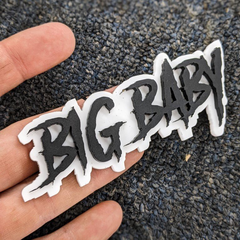 Big Baby Car Badge - Matte Black On White - Aggressive Font - Atomic Car Concepts