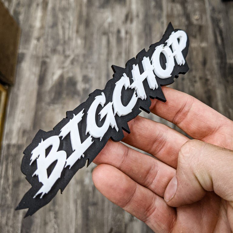 Big Chop Car Badge - White On Matte Black - Lightning Font - Atomic Car Concepts