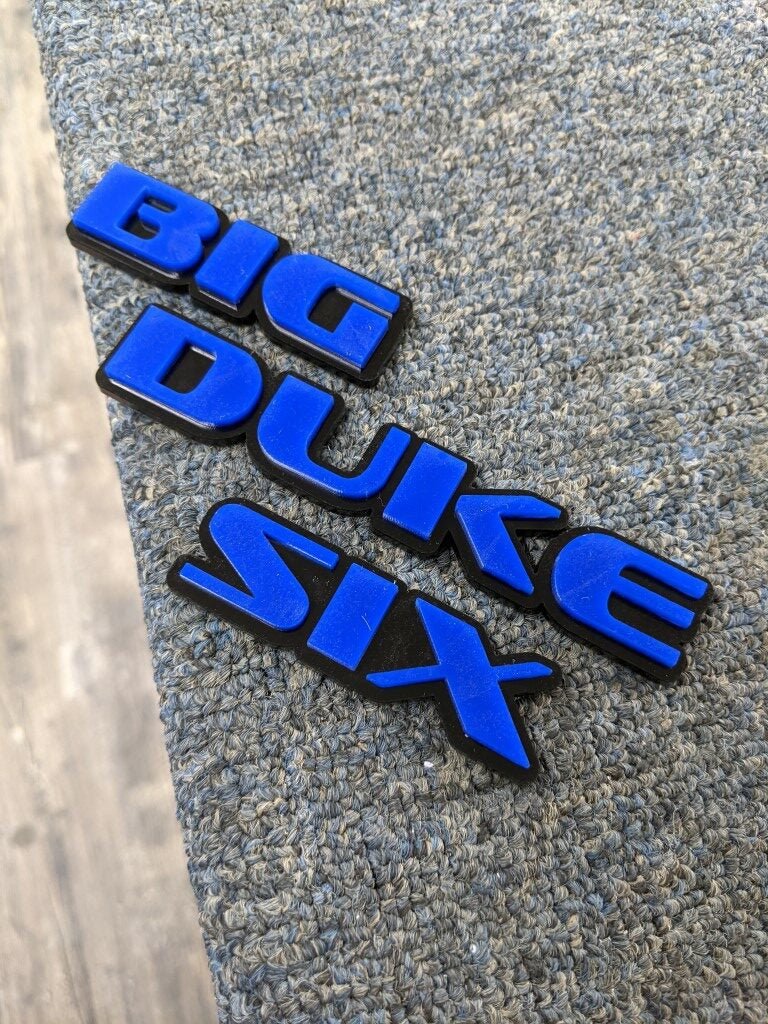 Big Duke Six Car Badge - Blue On Gloss Black - OEM Font - Atomic Car Concepts