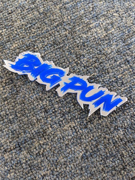 Big Pun Car Badge - Blue On Mirror Silver - Lightning Font - Atomic Car Concepts