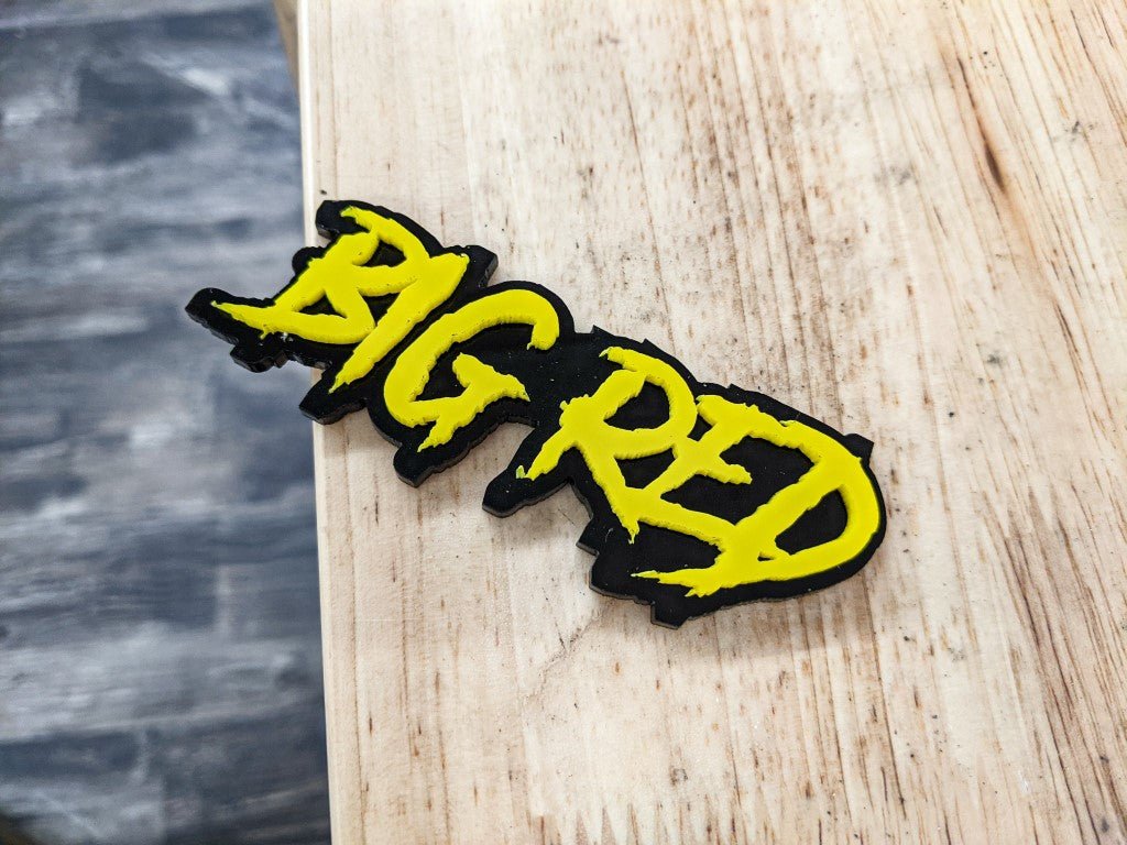 Big Red Car Badge - Yellow On Gloss Black - Aggressive Font - Atomic Car Concepts