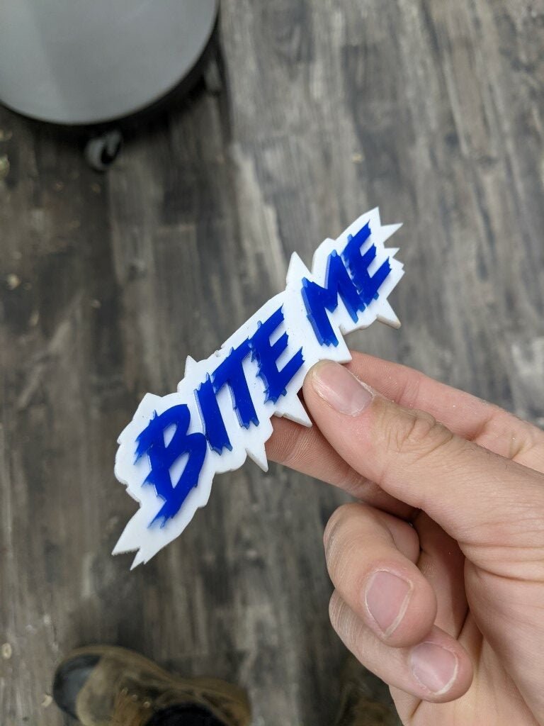 Bite Me Car Badge - Blue On White - Lightning Font - Atomic Car Concepts