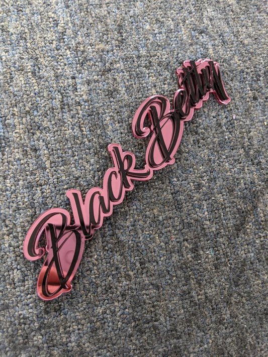 Black Betty Car Badge - Gloss Black on Mirror Pink - Script Font - Atomic Car Concepts