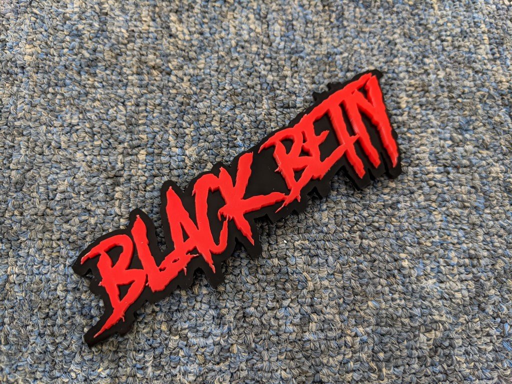 Black Betty Car Badge - Red On Gloss Black - Aggressive Font - Atomic Car Concepts