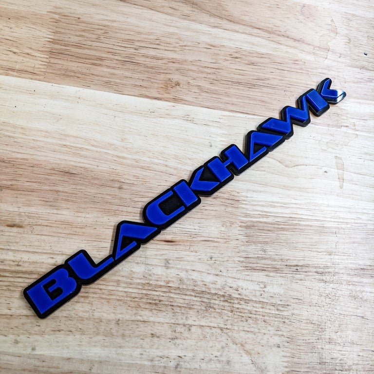 Blackhawk Car Badge - Blue On Gloss Black - OEM Font - Atomic Car Concepts