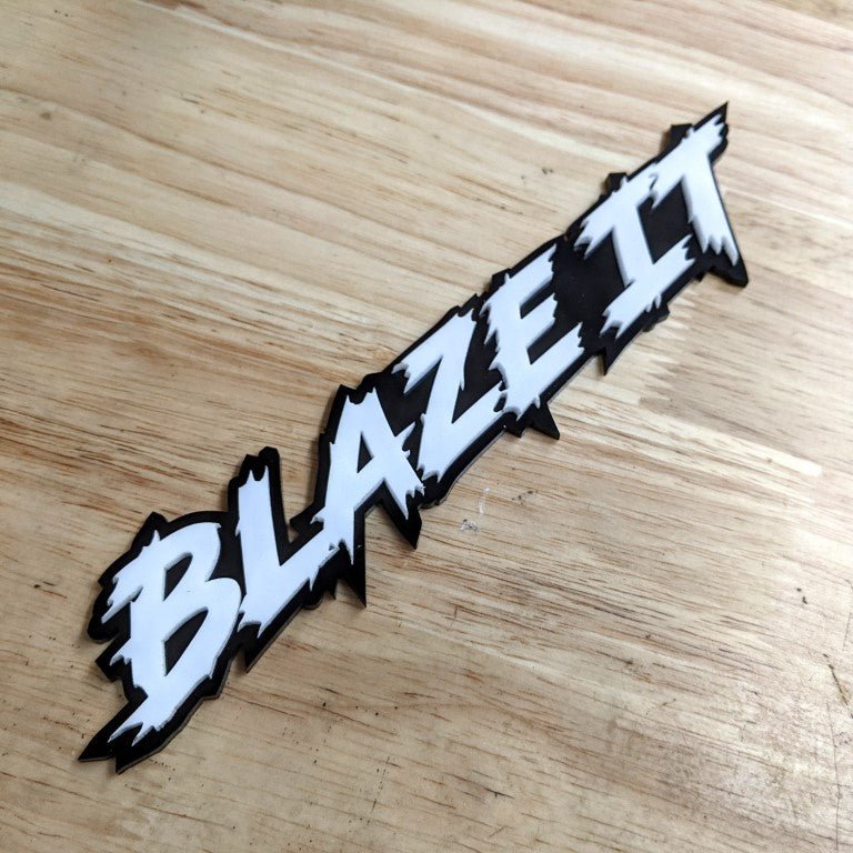 Blaze it Car Badge - White On Gloss Black - Lightning Font - Atomic Car Concepts