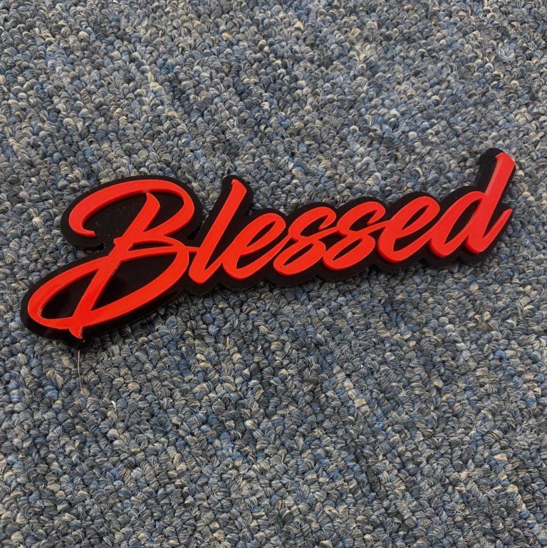 Blessed Car Badge - Red On Gloss Black - Script Font - Atomic Car Concepts