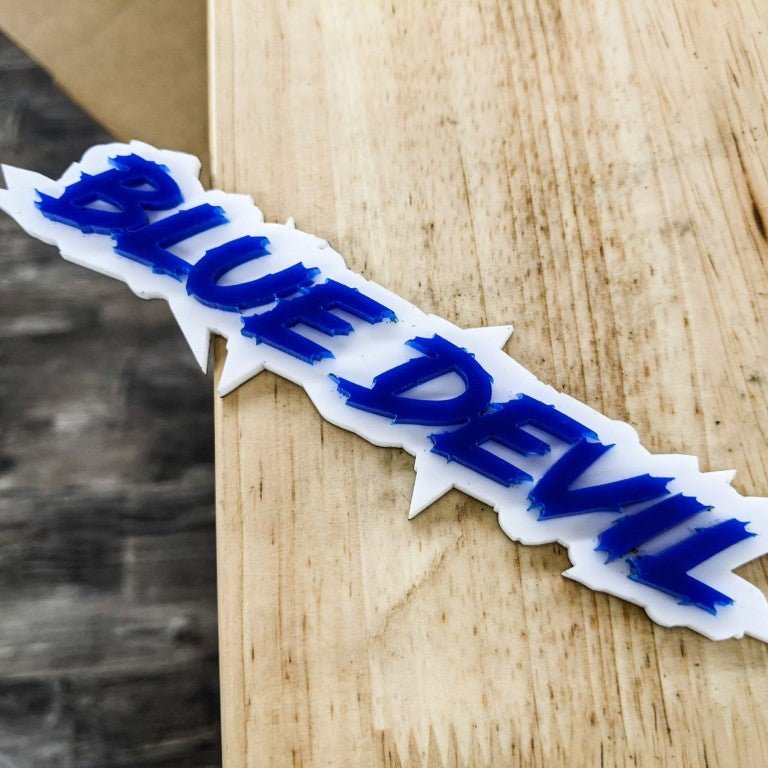 Blue Devil Car Badge - Blue On White - Lightning Font - Atomic Car Concepts