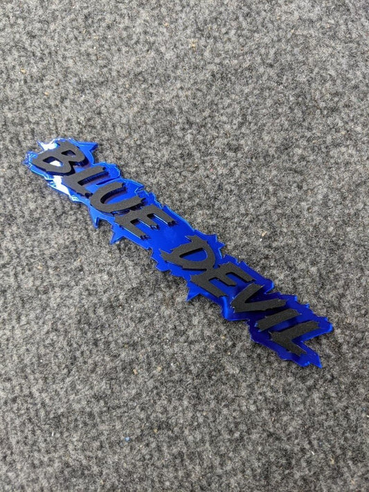 Blue Devil Car Badge - Matte Black On Blue - Lightning Font - Atomic Car Concepts