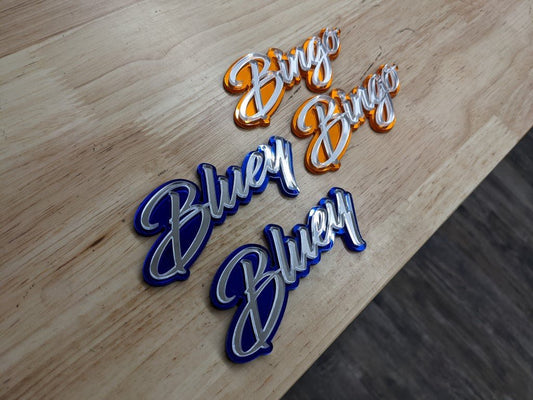 Bluey And Bingo Car Badge - Mirror Silver On Mirror Blue And Mirror Orange - Script Font - Atomic Car Concepts