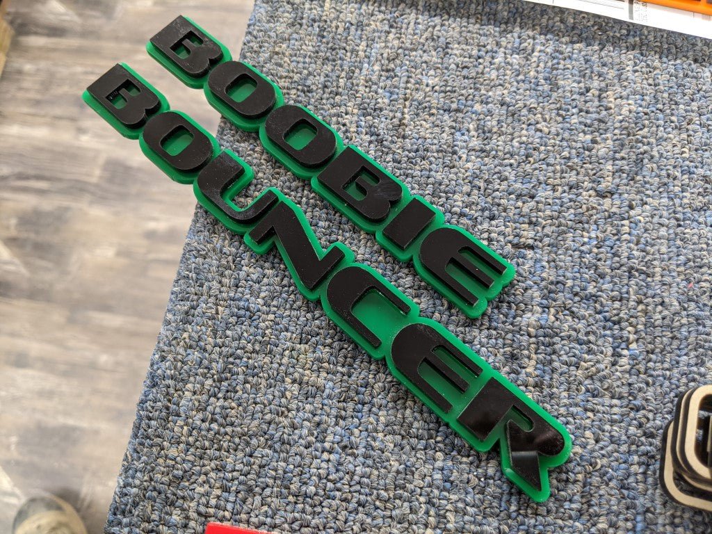 Boobie Bouncer Car Badge - Gloss Black On Green - OEM Font - Atomic Car Concepts