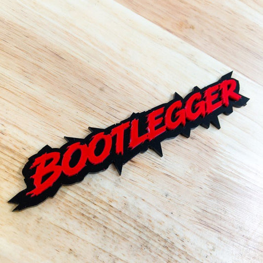 Bootlegger Car Badge - Red On Gloss Black - Lightning Font - Atomic Car Concepts