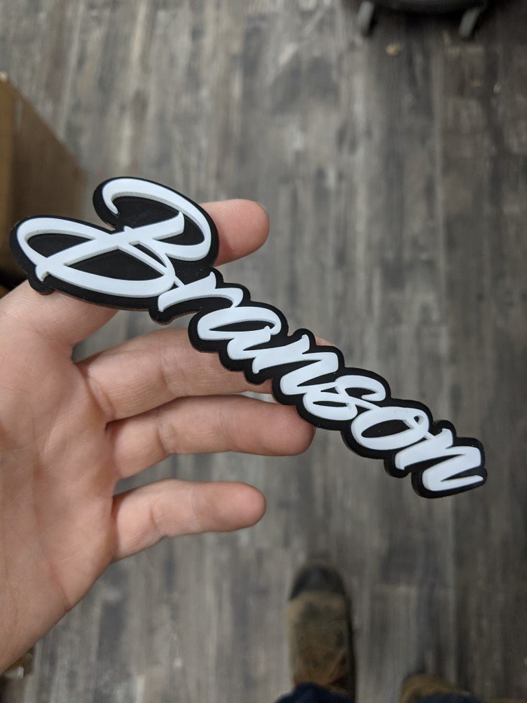 Branson Car Badge - White On Gloss Black - Script Font