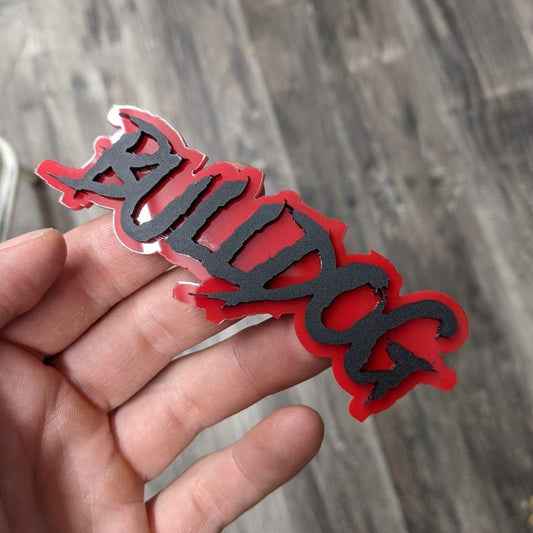 Bulldog Car Badge - Matte Black On Red - Aggressive Font - Atomic Car Concepts