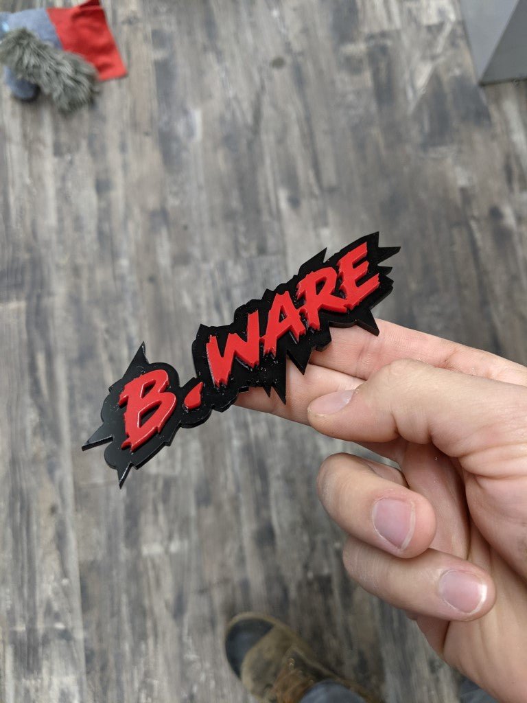 B.Ware Car Badge - Red On Gloss Black - Lightning Font - Atomic Car Concepts