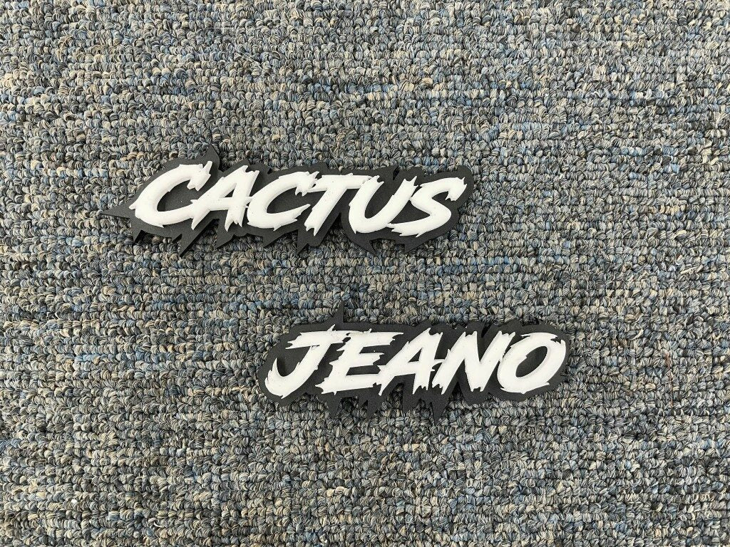 Cactus Jeano Car Badge - White On Matte Black - Lightning Font - Atomic Car Concepts