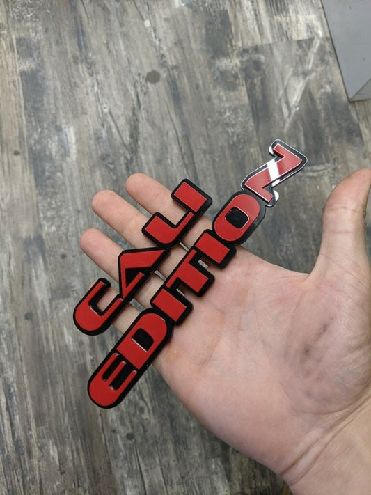 Cali Edition Car Badge - Mirror Red On Gloss Black - OEM Font - Atomic Car Concepts