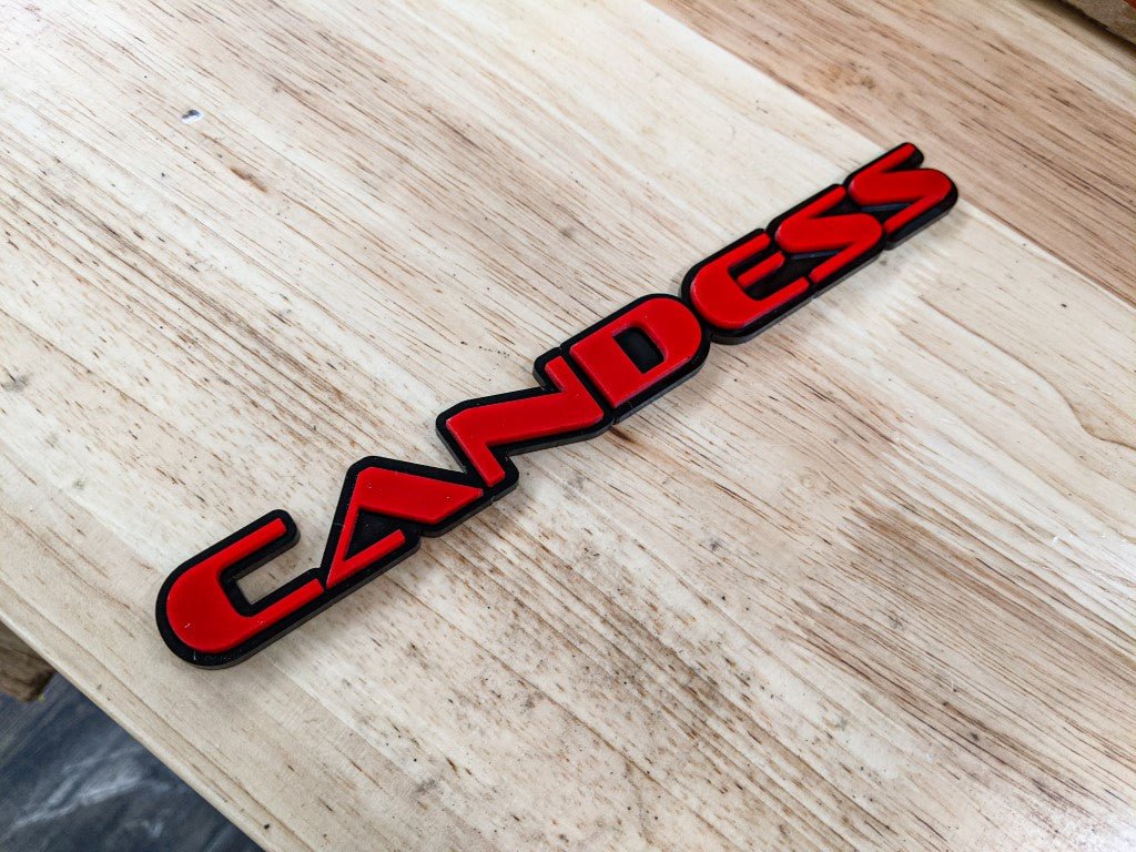 Candess Car Badge - Red On Gloss Black - OEM Font - Atomic Car Concepts