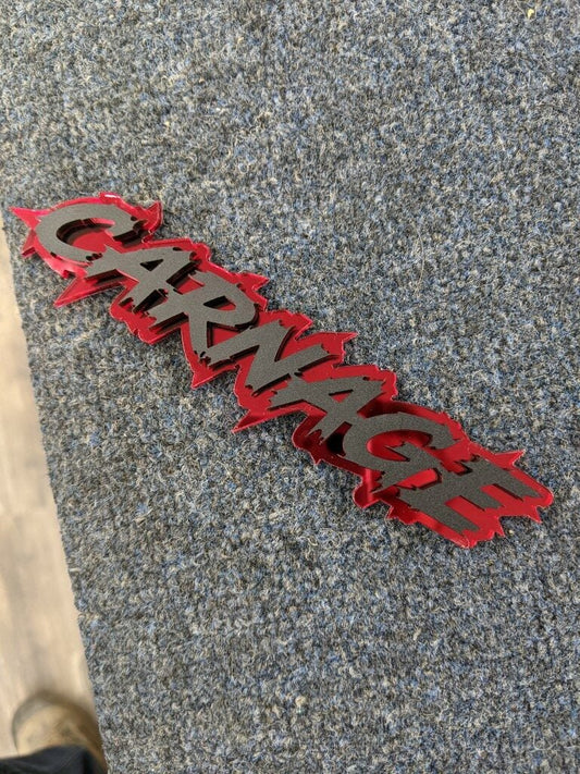 Carnage Car Badge - Matte Black On Mirror Red - Lightning Font - Atomic Car Concepts