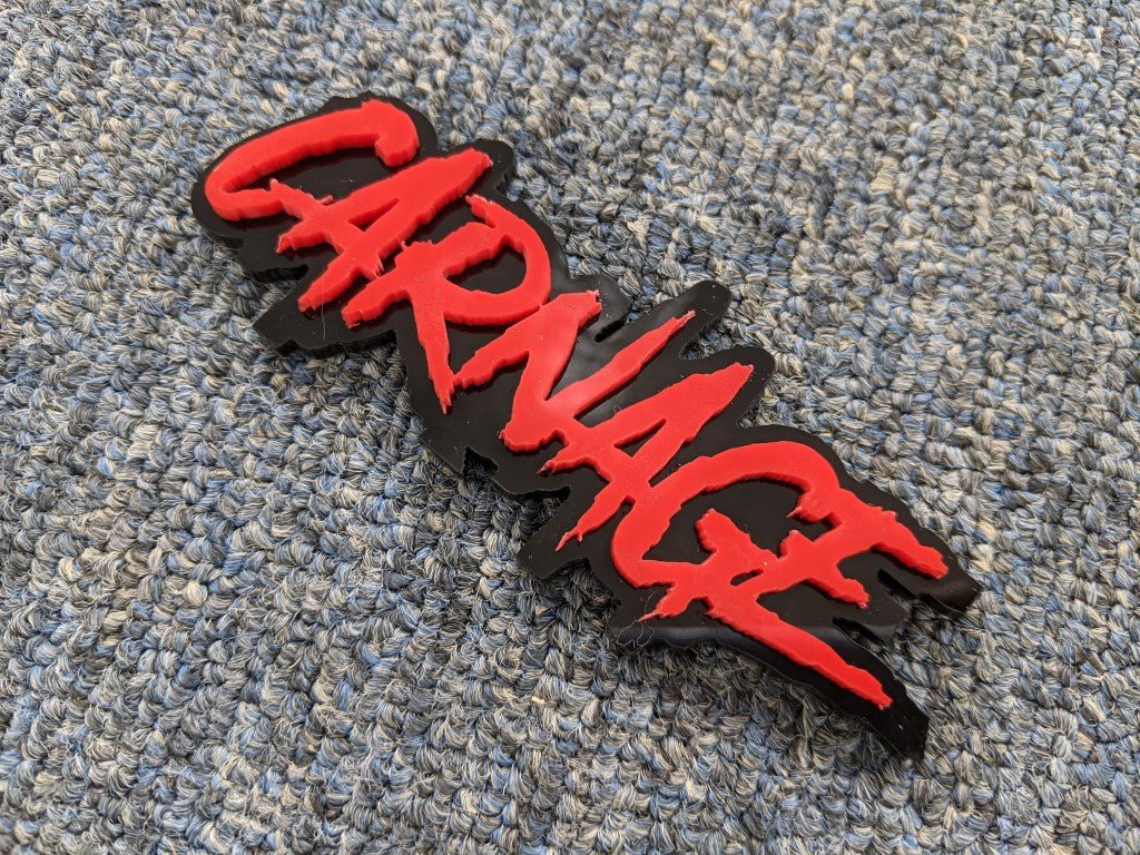 Carnage Car Badge - Red On Gloss Black - Aggressive Font – Atomic Car ...